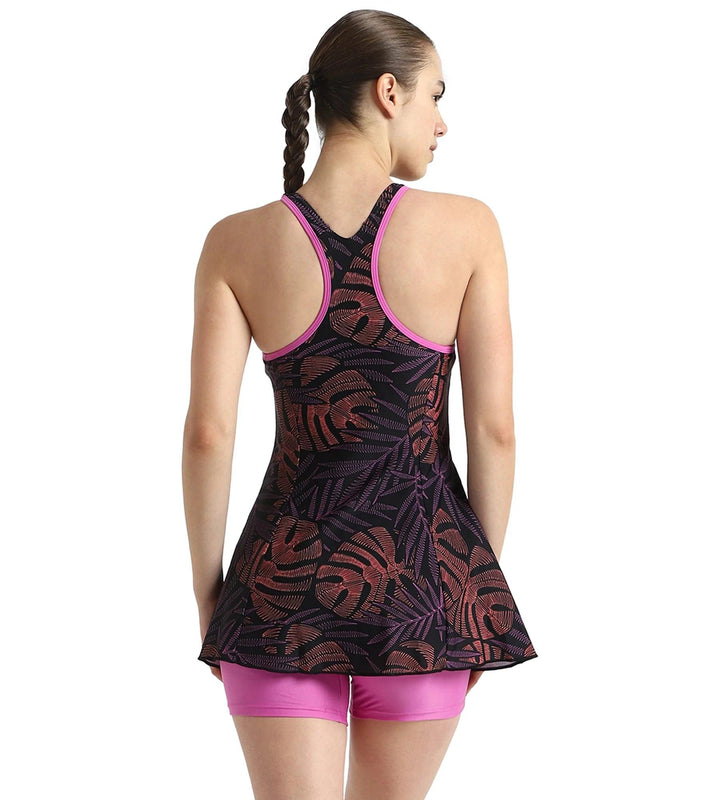 Women's Endurance10 Printed Racerback Swimdress With Boyleg - Antracite, Amber Wave & Neon Violet