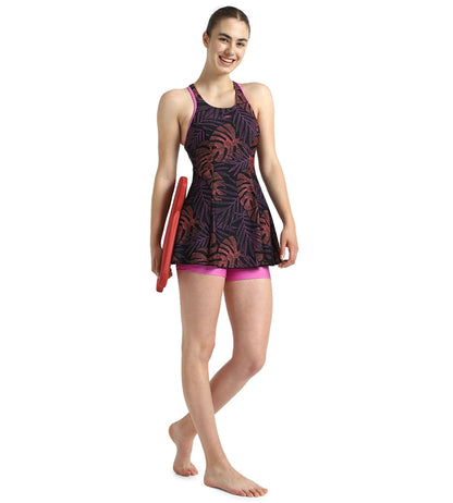 Women's Endurance10 Printed Racerback Swimdress With Boyleg - Antracite, Amber Wave & Neon Violet