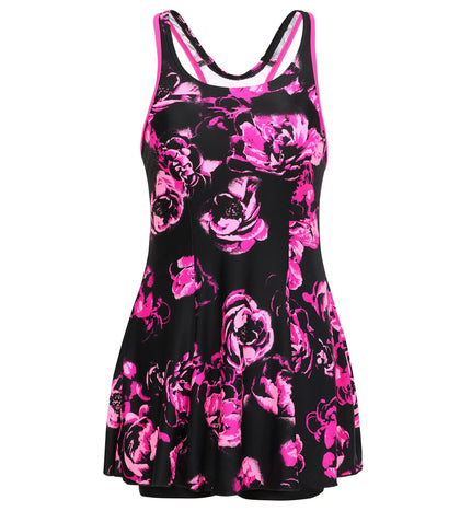 Women's Nylone Printed Swimdress - Black & Ecstatic