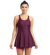 Women's Endurance10 Boomstar Printed Swimdress With Boyleg - Black & Electric Pink_1