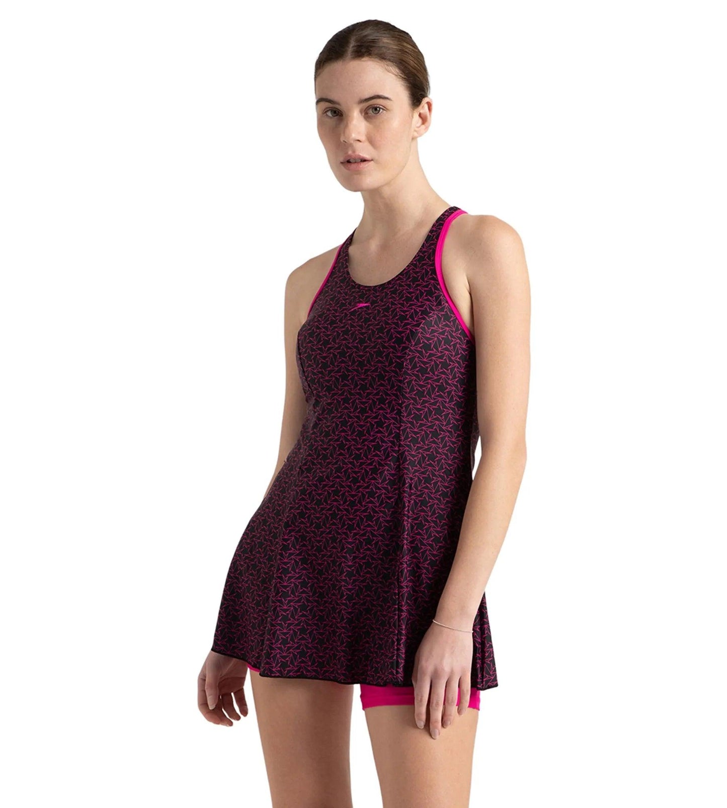 Women's Endurance10 Boomstar Printed Swimdress With Boyleg - Black & Electric Pink