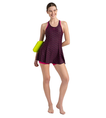 Women's Endurance10 Boomstar Printed Swimdress With Boyleg - Black & Electric Pink