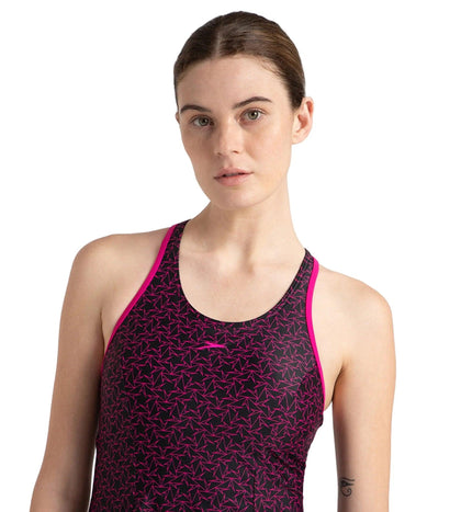 Women's Endurance10 Boomstar Printed Swimdress With Boyleg - Black & Electric Pink