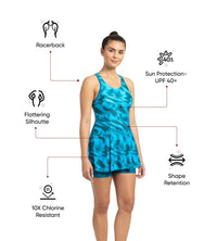 Women's Endurance10 Printed Swimdress With Boyleg - Nordic Teal & Powder Blue