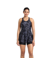 Women's Endurance Hyperboom Printed Racerback Swimdress With Boyleg - Black & Oxid Grey_7