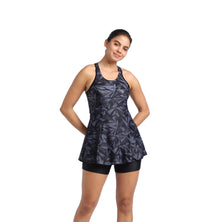 Women's Endurance Hyperboom Printed Racerback Swimdress With Boyleg - Black & Oxid Grey_6