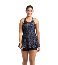 Women's Endurance Hyperboom Printed Racerback Swimdress With Boyleg - Black & Oxid Grey_5