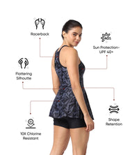 Women's Endurance 10 Hyperboom Printed Racerback Swimdress With Boyleg - Black & Oxid Grey