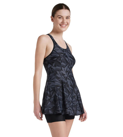 Women's Endurance 10 Hyperboom Printed Racerback Swimdress With Boyleg - Black & Oxid Grey