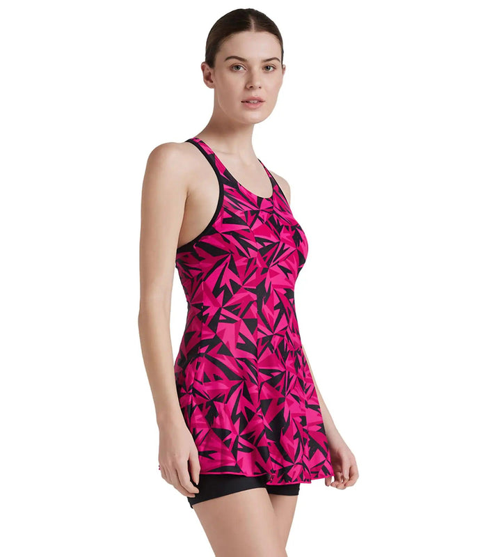 Women's Endurance 10 Hyperboom Printed Racerback Swimdress With Boyleg - Black & Electric Pink