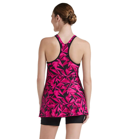 Women's Endurance 10 Hyperboom Printed Racerback Swimdress With Boyleg - Black & Electric Pink