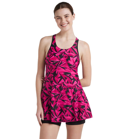 Women's Endurance 10 Hyperboom Printed Racerback Swimdress With Boyleg - Black & Electric Pink