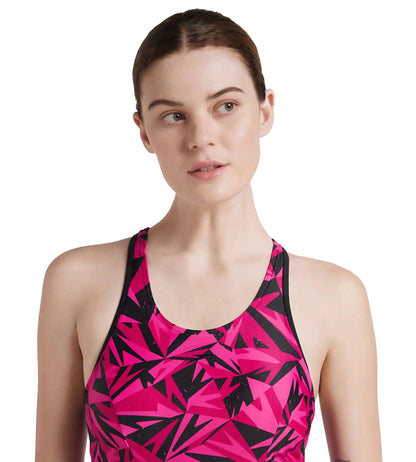 Women's Endurance 10 Hyperboom Printed Racerback Swimdress With Boyleg - Black & Electric Pink