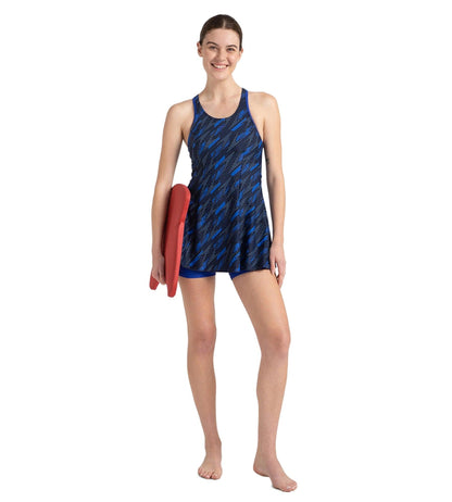 Women's Endurance 10 Hyperboom Printed Racerback Swimdress With Boyleg - True Navy & True cobalt