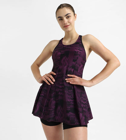 Women's Endurance10 Printed Racerback Swimdress With Boyleg - Black & Plum Dandy