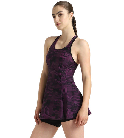 Women's Endurance10 Printed Racerback Swimdress With Boyleg - Black & Plum Dandy