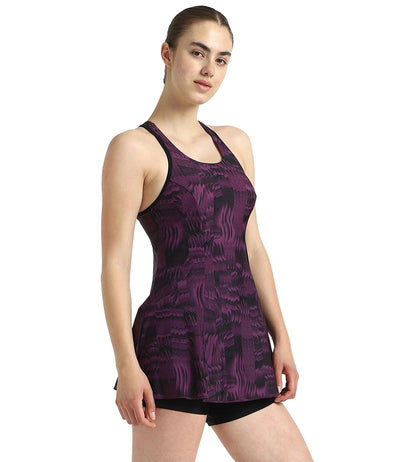 Women's Endurance10 Printed Racerback Swimdress With Boyleg - Black & Plum Dandy