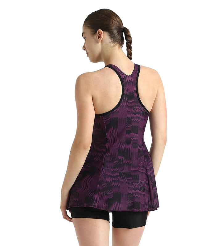 Women's Endurance10 Printed Racerback Swimdress With Boyleg - Black & Plum Dandy