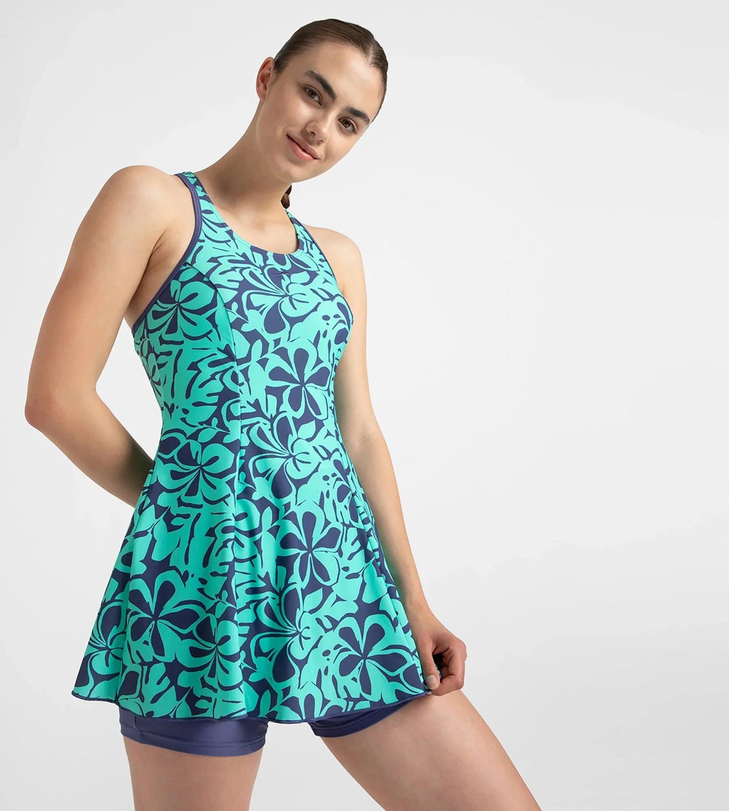 Women's Endurance10 Printed Racerback Swimdress With Boyleg - Hapuna Blue & Arctic Glass