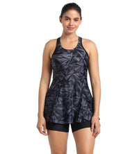 Women's Endurance Hyperboom Printed Racerback Swimdress With Boyleg - Black & Oxid Grey_1