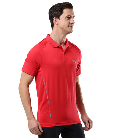 Men's Antimircobial Polyester Elastane Quick Dry Polo T-Shirt - Red & Silver