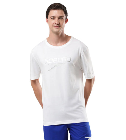 Men's Antimircobial Cotton Blend Quick Dry Large Logo Round Neck T-Shirt - White & Silver