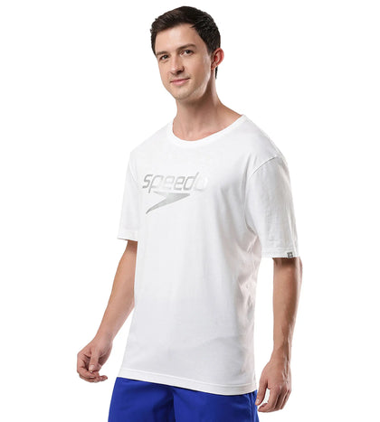 Men's Antimircobial Cotton Blend Quick Dry Large Logo Round Neck T-Shirt - White & Silver