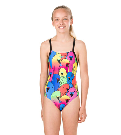 Girls Endurance 10 Placement Digital Crossback V-Cut Swimsuit - Black & Chroma Blue