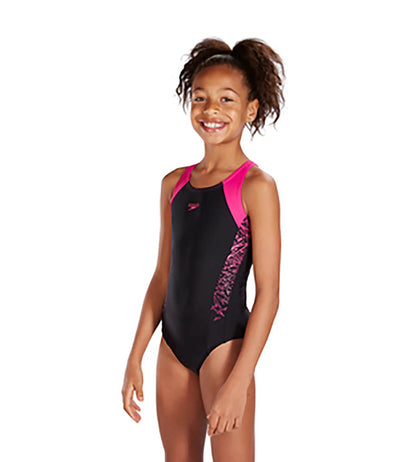 Girls Endurance 10 Boom Splice Print Muscleback Swimwear - Black & Electric Pink