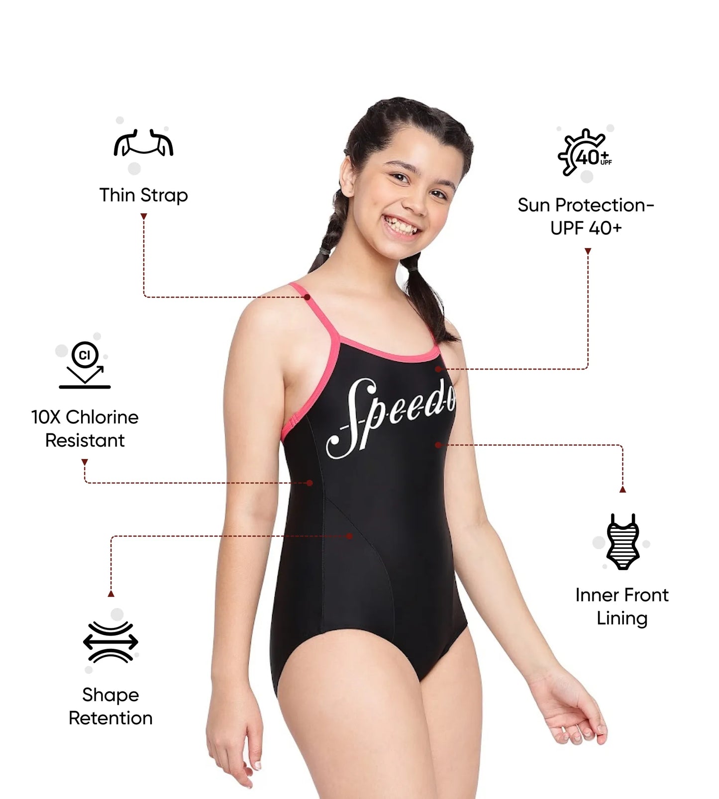 Girl's Endurance 10 Heritage Logo Thinstrap Muscleback One Piece V-Cut Swimsuit - Black & Raspberry Fill