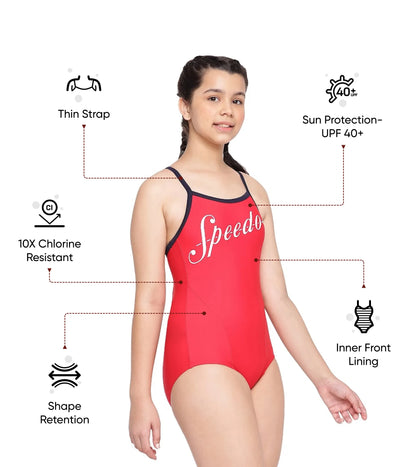 Girl's Endurance 10 Heritage Logo Thinstrap Muscleback One Piece V-Cut Swimsuit - Fed Red & True Navy