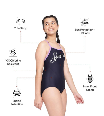 Girl's Endurance 10 Heritage Logo Thinstrap Muscleback One Piece V-Cut Swimsuit - True Navy & Miami Lilac