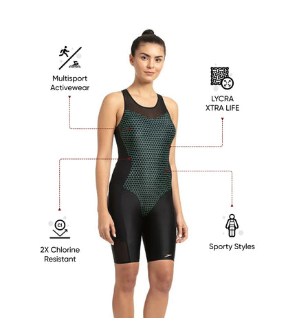 Women's Mesh Panel Legsuit Swimwear - Black & Greenglow