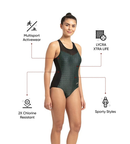 Women's Power Flex Mesh Panel One Piece Swimwear - Black & Greenglow