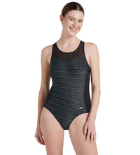 Women's Power Flex Mesh Panel One Piece Swimwear - Black & Greenglow