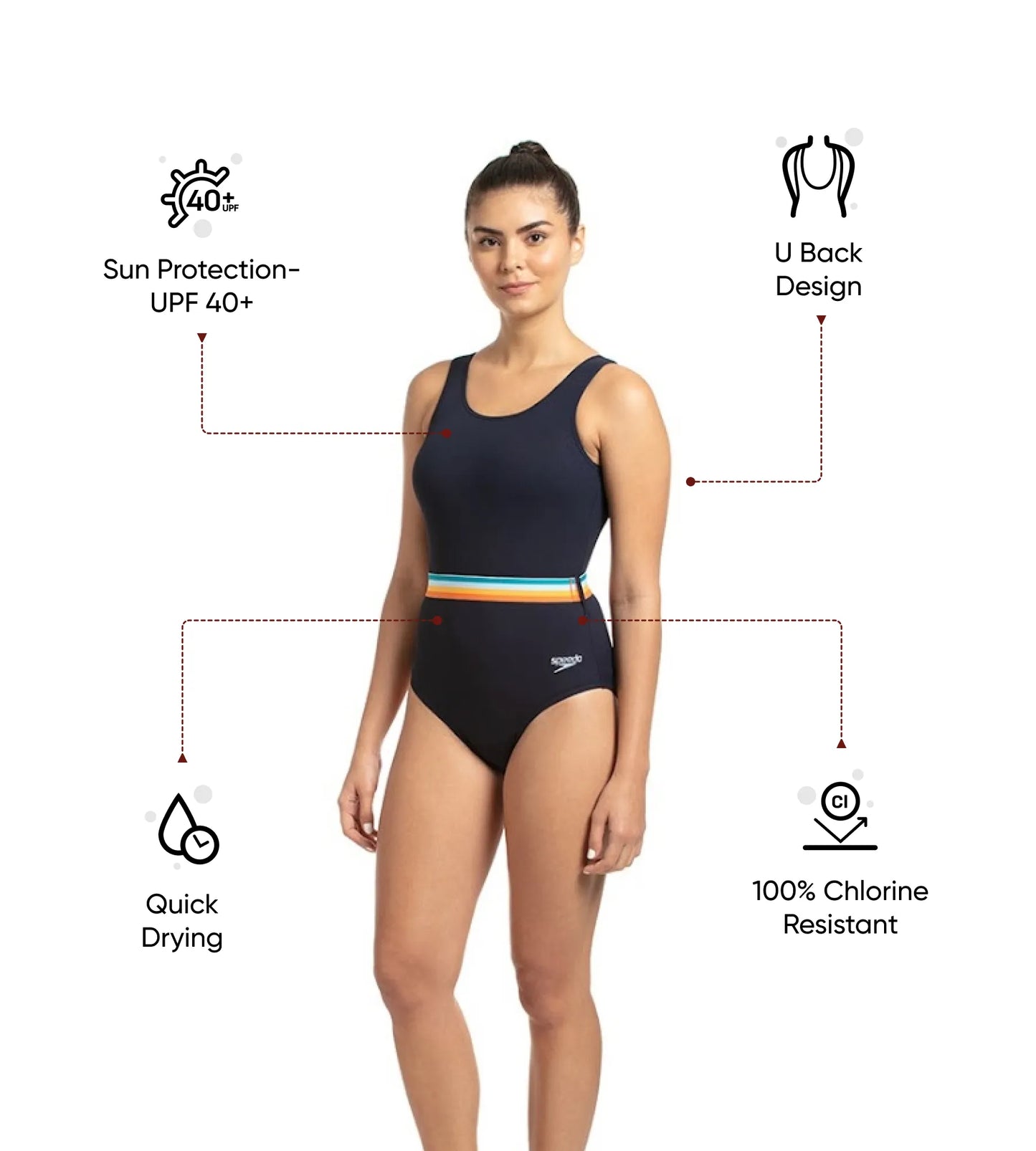 Women's Endurance+ Belted U-Back One Piece Swimwear - True Navy & Orange Fizz