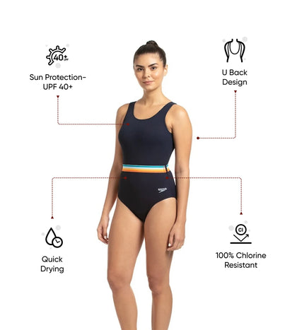 Women's Endurance+ Belted U-Back One Piece Swimwear - True Navy & Orange Fizz