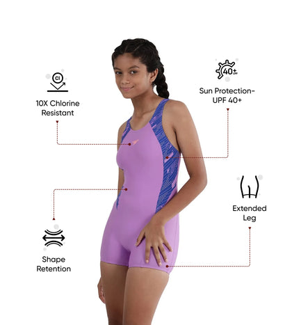 Girl's Recycled Endura Brite Hyperboom Splice Muscleback Legsuit Swimwear - Sweet Purple & True Cobalt