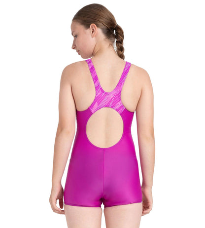 Girl's Endura Brite Hyperboom Print Splice Muscleback Legsuit - Diva, Neon Violet & Lilac Breeze