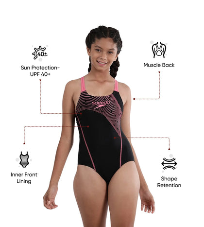 Girl's Endurance 10 Medley Logo Muslceback One Piece V-Cut Swimsuit - Black & Fandango Pink