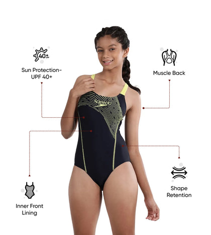 Girl's Endurance 10 Medley Logo Muscleback One Piece V-Cut Swimsuit - True Navy & Lemon Drizzle