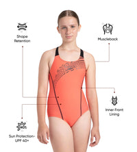 Girl's Enduraflex Medly Print Muscleback V-Cut One Piece Swimsuit - Coral Sands & Black