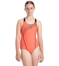 Girl's Enduraflex Medly Print Muscleback V-Cut One Piece Swimsuit - Coral Sands & Black