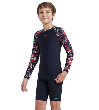 Boy's Endurance 10 Glitchamp Long Sleeve Suntop - True Navy & Lava Red