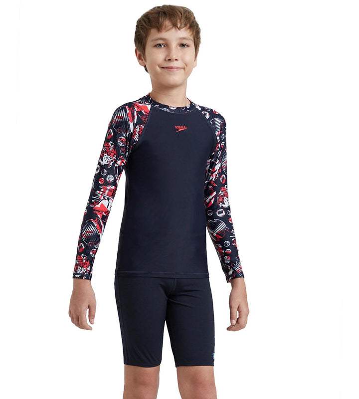 Boy's Endurance 10 Glitchamp Long Sleeve Suntop - True Navy & Lava Red