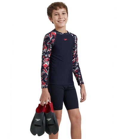 Boy's Endurance 10 Glitchamp Long Sleeve Suntop - True Navy & Lava Red