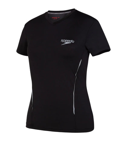 Women's Antimircobial Polyester Elastane Quick Dry V-Neck T-Shirt - Black & Silver