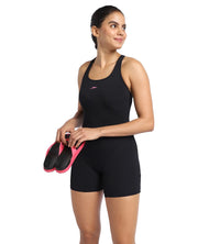 Women's Endurance+ Myrtle Racerback Legsuit Swimwear  - Black  &  Fandango Pink_2