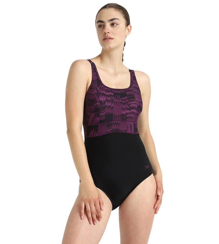 Women's Endurance10 Square Neck Printed V-Cut One Piece Swimsuit With Underband - Black & Plum Dandy