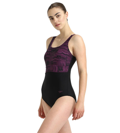 Women's Endurance10 Square Neck Printed V-Cut One Piece Swimsuit With Underband - Black & Plum Dandy